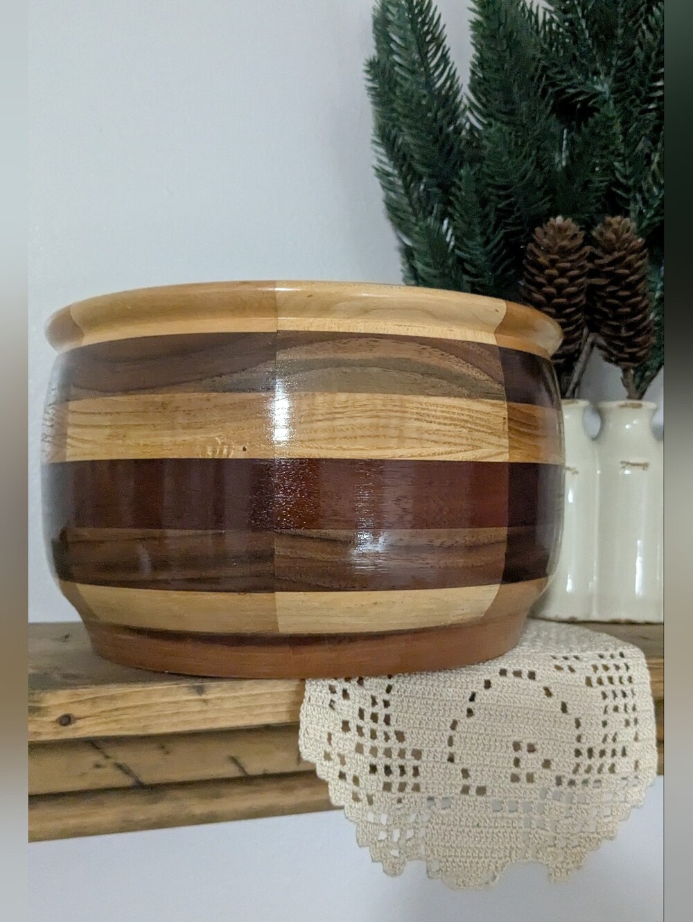 Rustic Handcrafted Wood Serving Bowl - Multi-Tone Wood